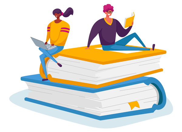 A graphic illustration of a male and female student on a life-sized pile of books