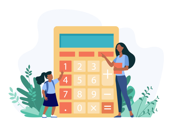 A graphic illustration of a woman and young girl in front of a bright life-size calculator