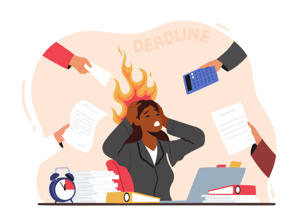 A graphic illustration of a stressed woman at her desk.